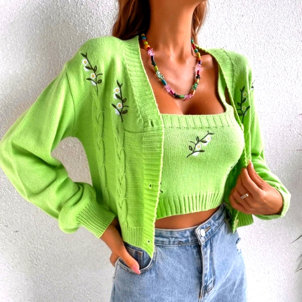 NWOT: Green Cardigan and Crop Top, Size 6, 🌼 Flower & Leaf Embroidery